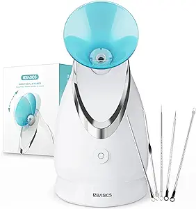 EZBASICS Facial Steamer Ionic Face Steamer for Home Facial, Warm Mist Humidifier Atomizer for Face Sauna Spa Sinuses Moisturizing, Unclogs Pores, 1 Pack + 5 Stainless Steel Skin Kit